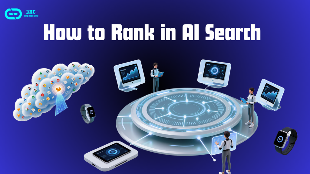 Futuristic digital workspace showing AI-powered search engine analyzing content snippets and ranking websites — concept for how to rank in AI search using content patterns.”