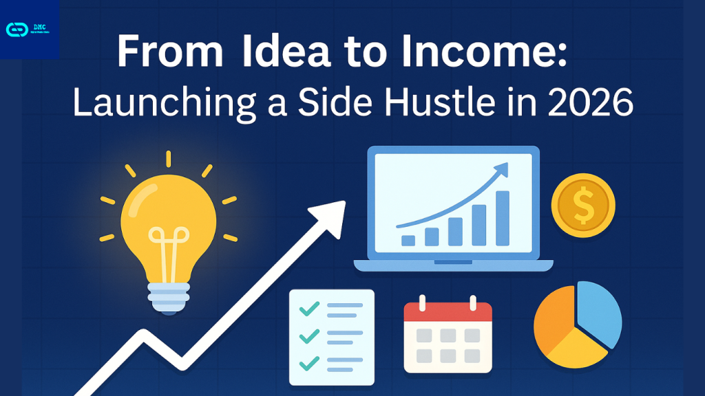 “Icons showing growth and planning for a 2026 side hustle.”