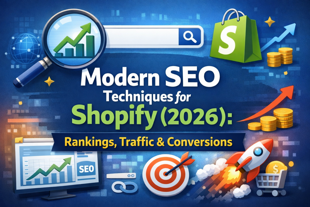 Modern SEO techniques for Shopify in 2026 showing growth in rankings, traffic, and conversions
